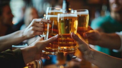 Close-up of a cheerful group of friends toasting with glasses of beer at a bar. - Powered by Adobe