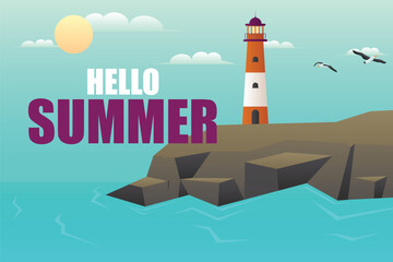 Summer banner background with lighthouse. Fresh background.