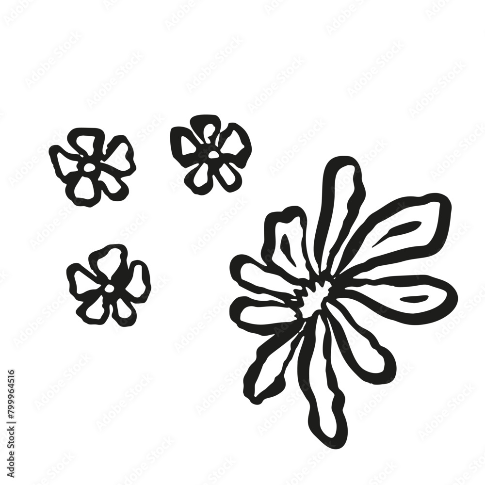 Wall mural Ink brush abstract flower sketch isolated on white. Black silhouette of doodle floral - Wall murals