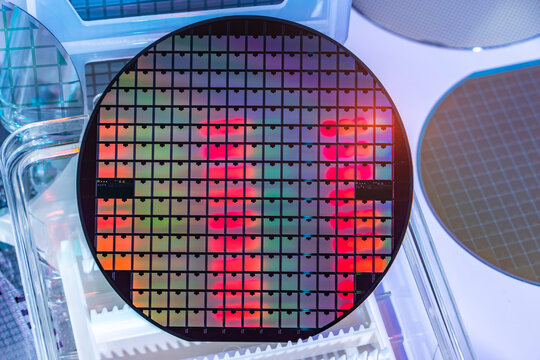 silicon wafer semiconductor with neon color, integrated circuits to manufacture CPU and GPU