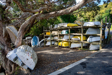 Small row boats leaning against a pohutukawa tree at Ti Point, Leigh, Rodney District, New Zealand.