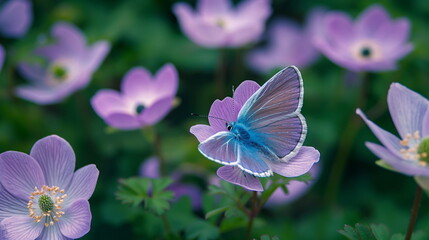 Beautiful purple blue butterfly on an anemone forest flower in spring nature