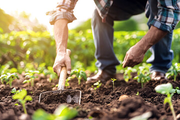 Fototapeta premium Farmer working in the vegetable garden, planting seedlings in the ground.