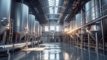 Brewery or alcohol production factory. Large steel fermentation tanks in spacious hall - Powered by Adobe