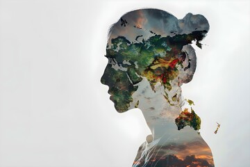 Blending Virtual Human and D World Map in Educational Double Exposure Image. Concept Educational Technology, Virtual Learning, Double Exposure, Innovative Teaching, Digital Education