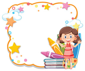 Cheerful young girl sitting on a stack of books.