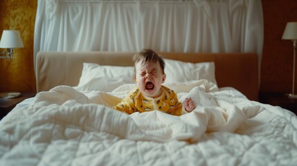 A young baby in a yellow onesie crying loudly while lying on a large white bed in a hotel room.
