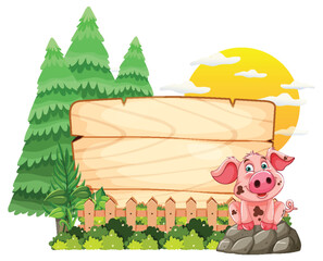 Cartoon pig sitting by a blank wooden sign.