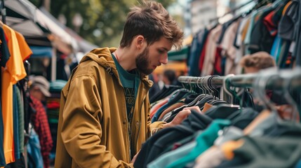 Young man with a beard examining clothes at an outdoor market stall focused and attentive.