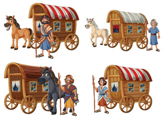 Colorful vector illustration of medieval travelers and carriages.