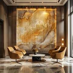 Private banking lounge displaying golden trading graphs on elegant marble walls, exclusive financial services