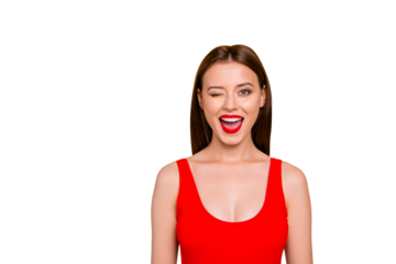 Portrait of foxy lovely and funny girl winking with one eye and having beaming smile red pomade lipstick isolated on vivid yellow background