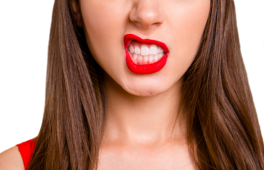 Cropped close up view half faced view photo portrait of sexual seductive tempting bitchy cool hipster lady showing teeth saying unpleasant words isolated on shiny bright vivid background