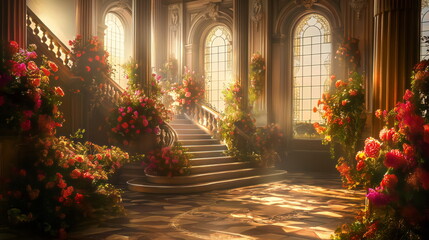 Fabulous Gothic palace, all in flowers and greenery. Wide staircases, columns and large windows in...