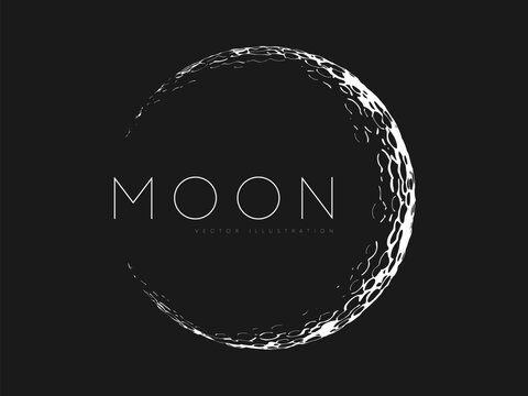 Hand drawn mystic cartoon crescent moon with craters in black and white color. Silhouette of the moon. Simple creative moon logo design for t-shirt print, banner or poster. Vector illustration