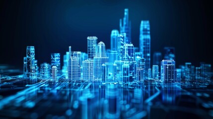 Naklejka na ściany i meble Abstract futuristic city skyline with glowing hologram buildings on a dark blue background