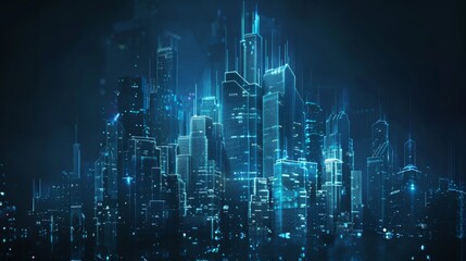 Abstract futuristic city skyline with glowing hologram buildings on a dark blue background