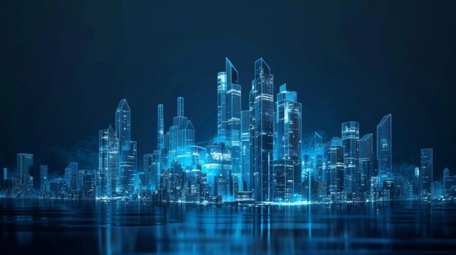 Abstract futuristic city skyline with glowing hologram buildings on a dark blue background