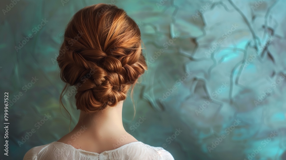 Sticker Artistic portrait of a woman from behind showing a detailed braided hairstyle against a blue background.