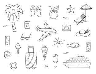 Set of summer travel doodle style icons. Vector illustration of the elements of tourism and beach holidays. - 799967519