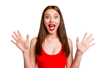 Close up portrait of  amazed girl gesturing shock, extremely happy, with wide open eyes and mouth,...