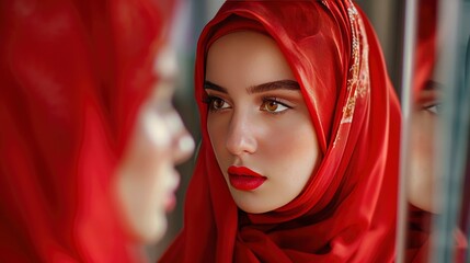 young beautiful woman in red hijab and scarf looking at herself on the mirror