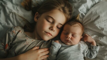 A serene image of a young girl and a baby sleeping peacefully together on a bed.