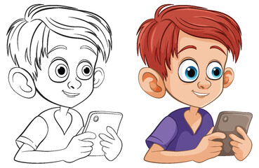 Illustration of a boy holding a tablet, colored and sketched.