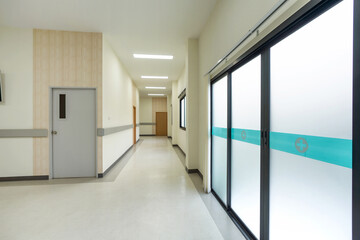 Corridor between different room in hospital. Medical operating room and patient sample storage room.
