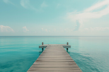 An empty wooden beach pier leading into turquoise water of the maldives Island to the sunlit skyline - Powered by Adobe