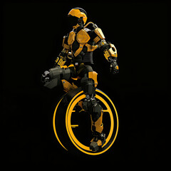  A modern realistic icon, with a soldier in yellow and black sci-fi armor standing on an single wheel armored vehicle in the air on black background