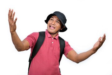 Pose of an Asian man wearing a jungle hat and backpack