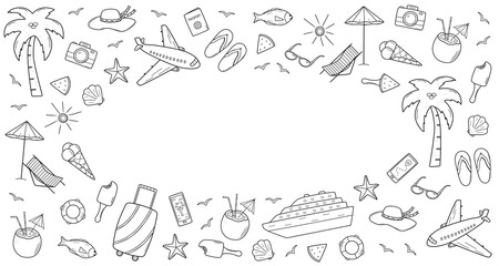 Set of summer travel doodle style icons. Vector illustration of the elements of tourism and beach holidays. - 799968978