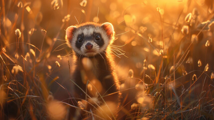 A ferret stands alert in a field of tall grass, blending in with its surroundings - Powered by Adobe
