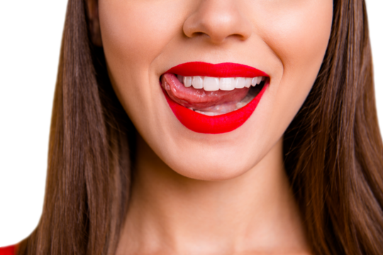 Glamour feminine person eat food concept. Half faced photo portrait of sexual naughty charming stunning beautiful pretty lips with matt lipstick ideal contour shape isolated on vivid background