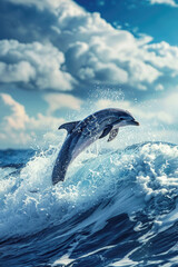 A dolphin leaps high out of the ocean, showcasing its agility and grace in mid-air before splashing back into the water