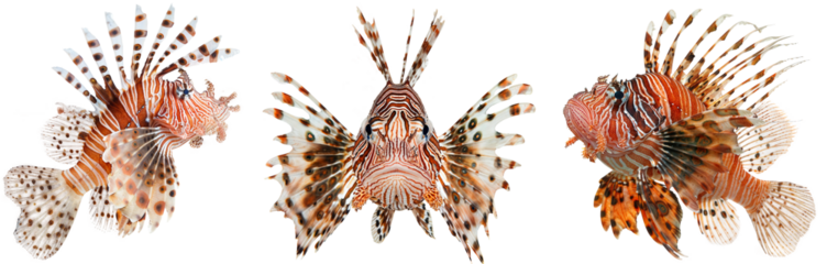 Lionfish bundle, side and front view, isolated on a transparent background