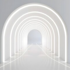 Fototapeta premium Abstract white background with glowing neon light tunnel and empty space for product presentation