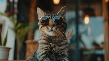A cat with sunglasses perched on its nose, sitting on a wooden table in a relaxed pose
