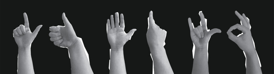 Collage element with hands and cut out shapes and doodle element. Vintage vector set. Retro halftone effect.