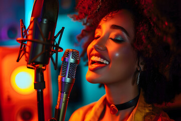A young, urban black woman showcasing her vocal talent in a professional music studio