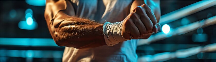 Fototapeta na wymiar Trainer wrapping a boxer's hands, close-up on the preparation and protection in sports training