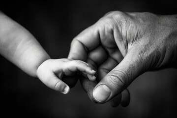 Newborn's Tiny Hand Engulfed by Parent's Protective Grip in a Tender Black and White Photograph
