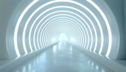 Abstract white background with glowing neon light tunnel and empty space for product presentation
