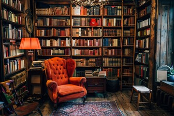 Vintage library room with shelves of books and a cozy reading corner