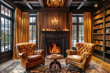 Vintage reading room with leather armchairs and a fireplace