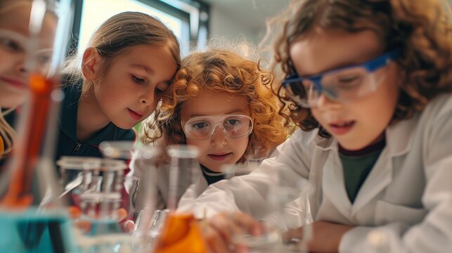 Four young children in lab coats and safety glasses engage in a science experiment with colorful liquids.
