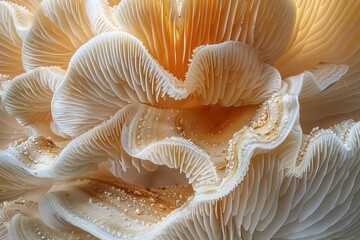 Extreme close-up of a mushroom's gills, high-magnification, detailed textures