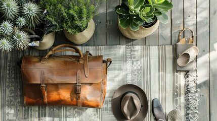 A brown leather bag placed on top of a wooden floor, creating a simple yet stylish composition