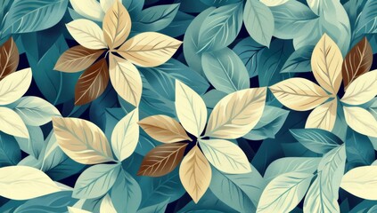 abstract botanical pattern with leaves in teal, beige and brown colors